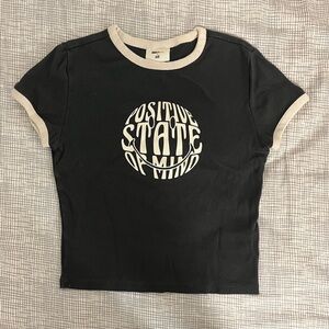 Smiley x H&M collab gray/black crop top with graphic in the middle two tone